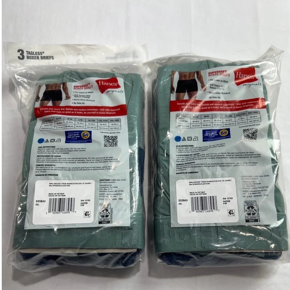 Hanes Boxer Briefs Lot Men 2XL Originals 6 Briefs SuperSoft Bamboo Blue Green A8